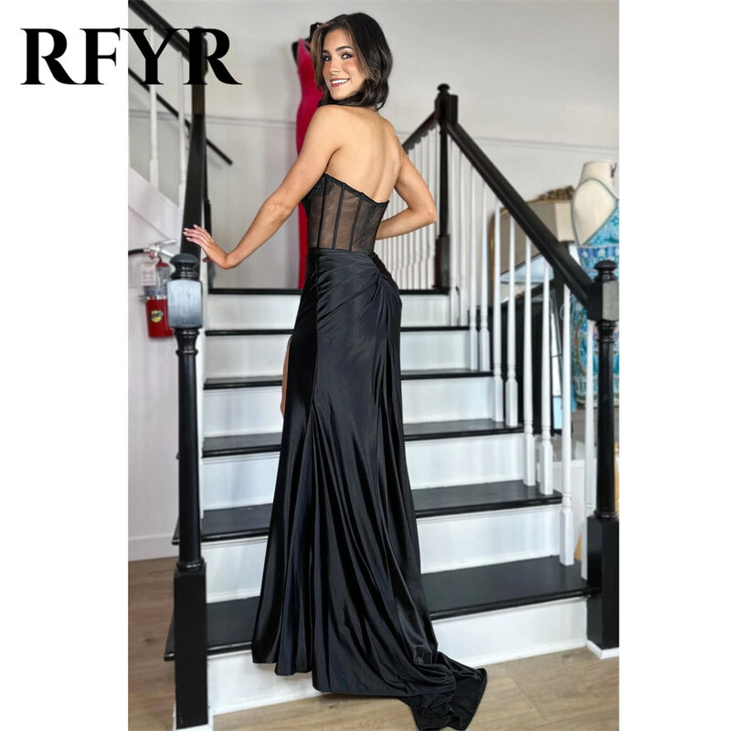 RFYR Strapless Sereia Vestidos, Vestido de baile, Espartilho puro, Vestido de festa Ruched, Sexy Side High Split, Preto
