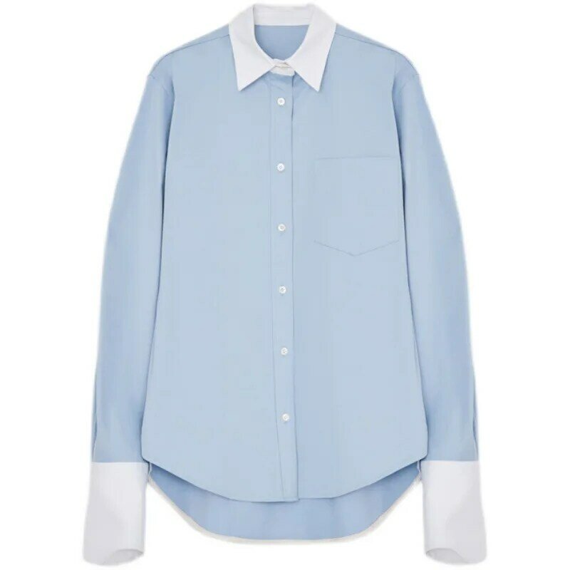 Весна 2024, Синяя Женская рубашка, французское пальто, дизайнерская рубашка, маленький Топ с длинным рукавом