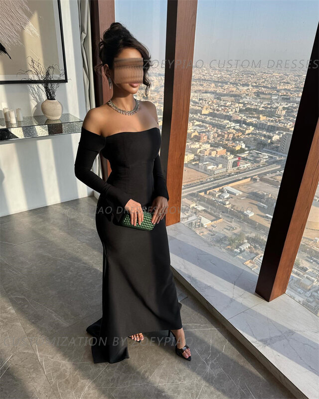 Black Mermaid Off Shoulder Prom Dress Gown Pleat Stretch Stain Formal Gown Full Sleeves Beach Evening Gown vestidos de noche