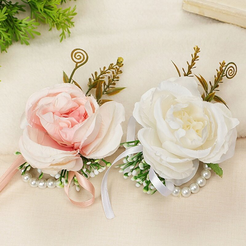 270F Kunstmatige Rose Pols Corsage Polsband Met Greenery Bladeren Wedding Parels Polsbandje Hand Bloemen Voor Vrouwen Bruid Party