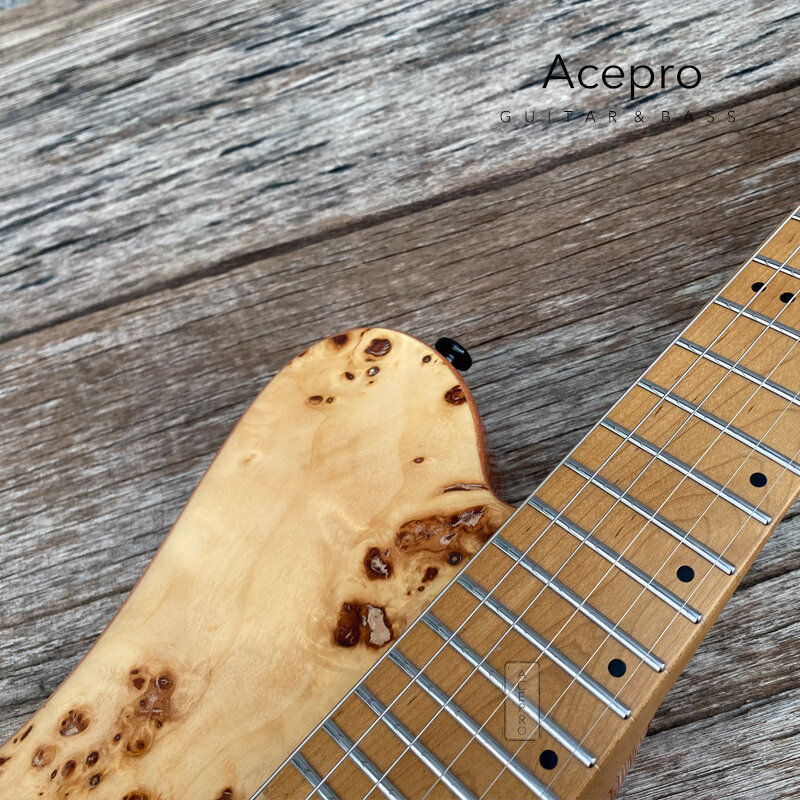 Acepro-Natural Burl Maple Top Headless guitarra elétrica, trastes de aço inoxidável, assado Bege pescoço, Preto Hardware, frete grátis