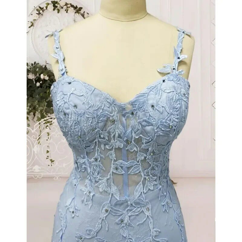 Lace Applique Mermaid Tulle Prom Vestidos para mulheres, espartilho longo com pescoço, Vestidos de noite formais com fenda