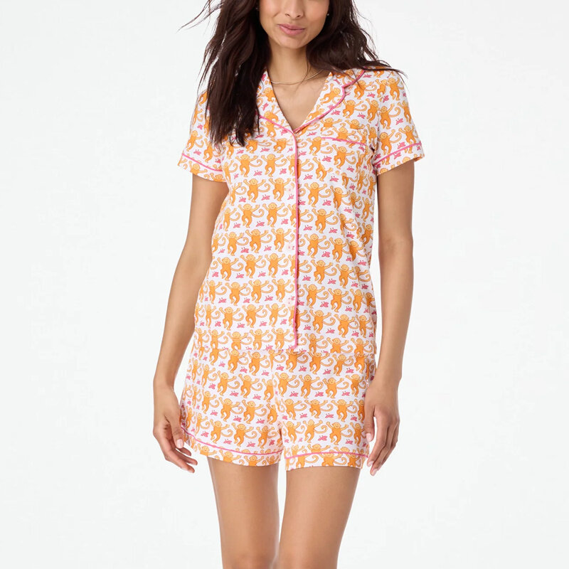 Conjunto pijama macaco para mulheres, colarinho de lapela, peito único, camisa de manga curta, top e shorts, loungewear, roupas Y2K, preppy