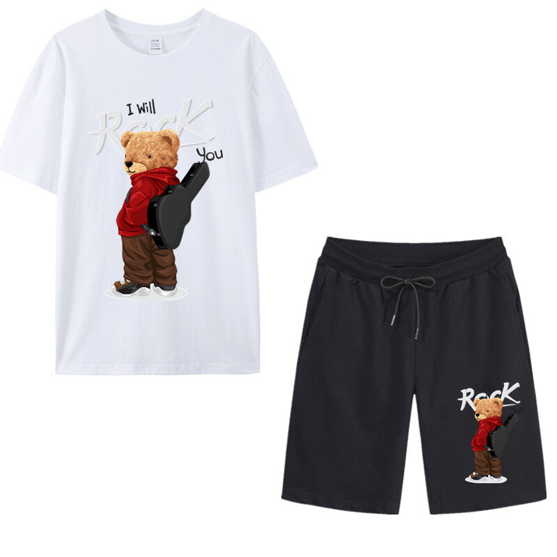 Letnia męska moda Fitness męska odzież sportowa na co dzień bawełniana strój sportowy markowy T-Shirt z krótkim rękawem + szorty zestaw 2-częściowy
