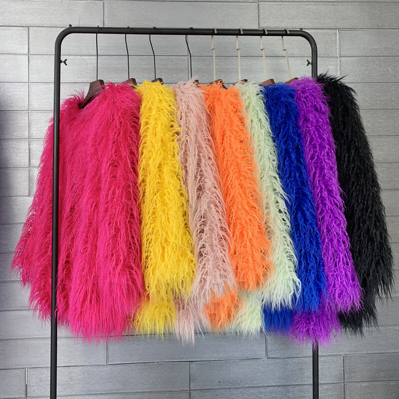 Women's Faux Fur Coat, Korean Style, Monochromatic Outwear, Autumn, Winter, Mid-Length, Loose, Round Neck, Lamb Wool, New, 2024