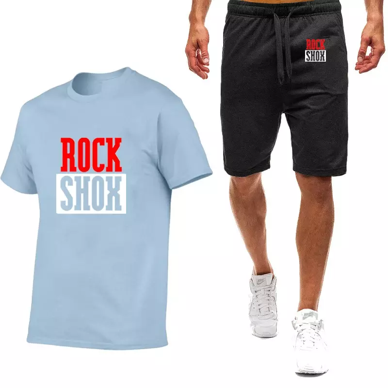 Rock SHOX ชุดสูทลำลองธุรกิจสำหรับผู้ชายชุดเสื้อยืดผ้าฝ้ายแขนสั้นปักลาย + กางเกงกีฬากางเกงขาสั้นสำหรับฤดูร้อน