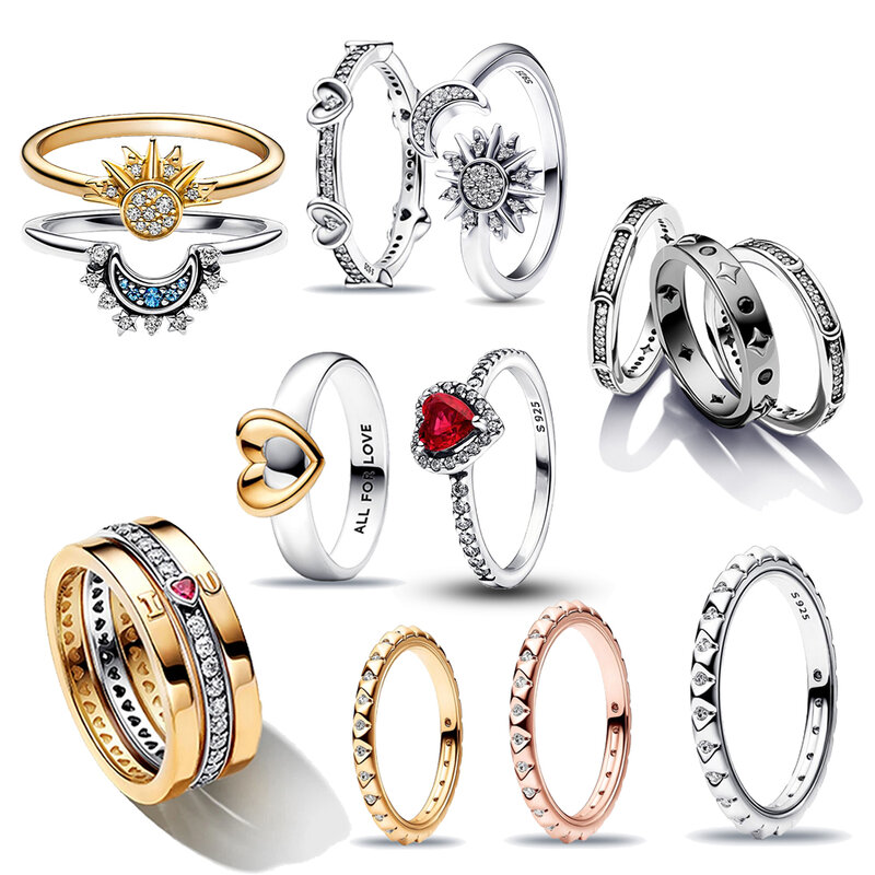 Puur Handgemaakt 14K Goud Stralende Tweekleurige Glijdende Hart Ring Vrouwen 925 Sterling Zilveren Sieraden Ring Set Verjaardagscadeau