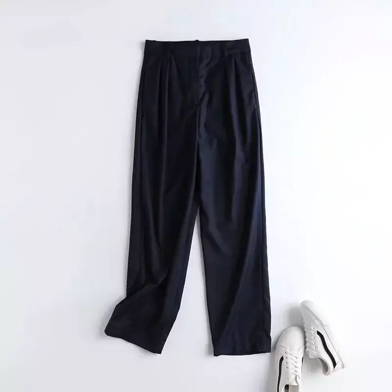 Women's 2023 Fashion Chic Casual Joker Pleated Design Slim Straight Pants Retro High Waist Zipper Side Pocket Pants.