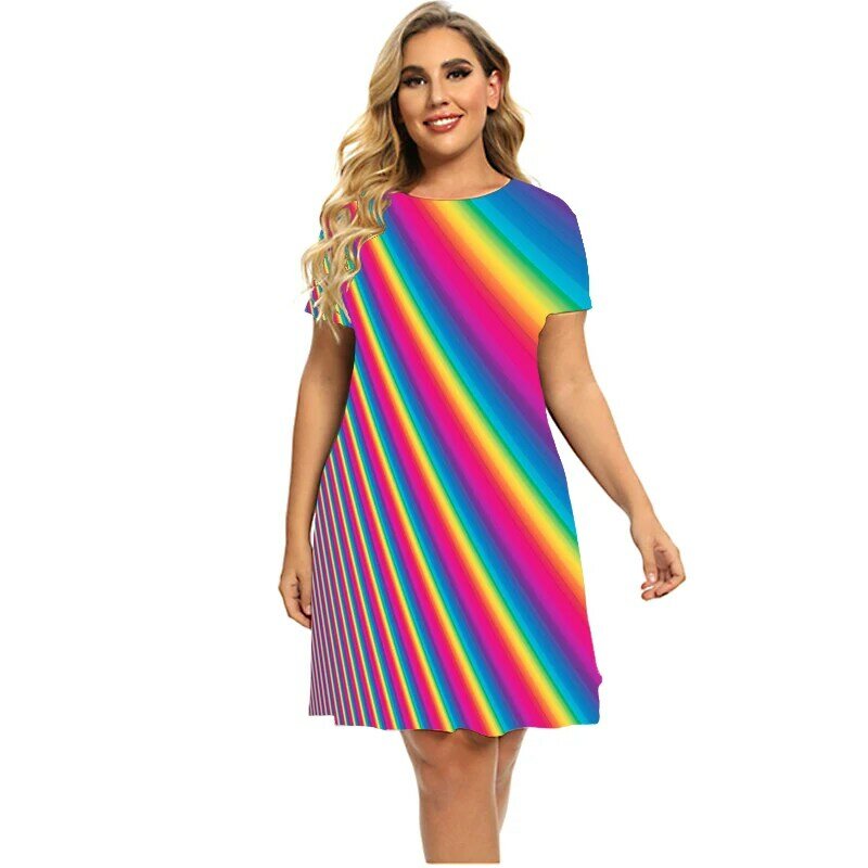 2023 sommer Mode Muster Regenbogen Kleider Frauen Kurzarm Rundhals Pullover Lose Kleidung Plus Größe Beiläufige Mini Kleid