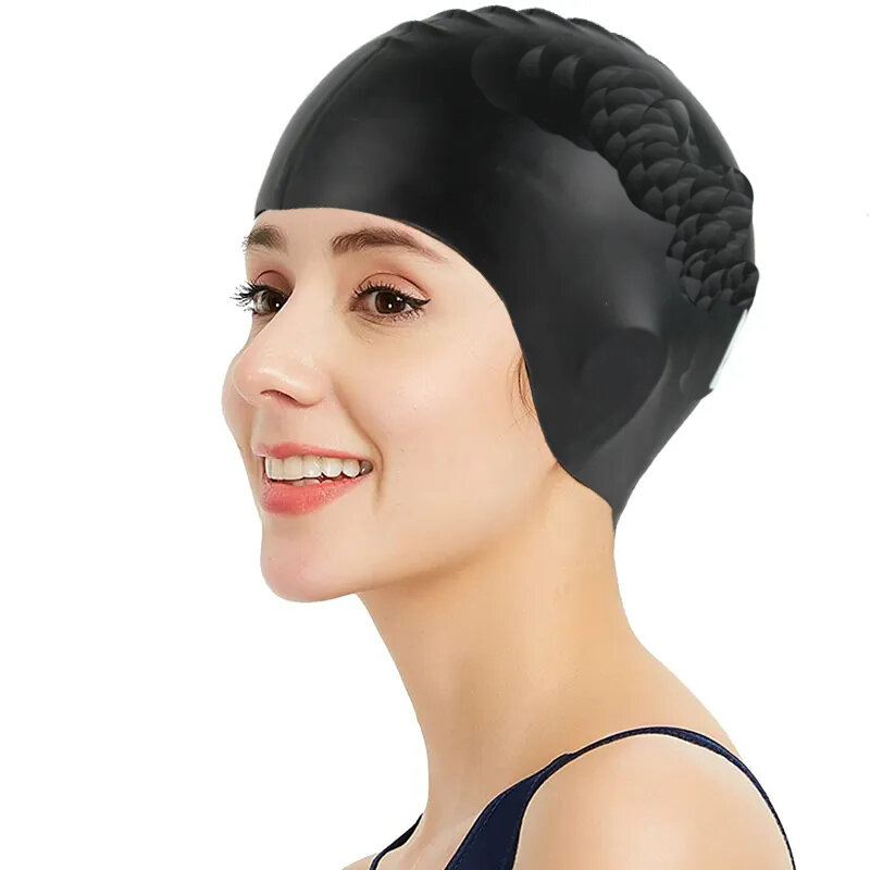 Gorros de natación para hombres y mujeres, protección auditiva de nailon elástico, sombrero de piscina de pelo largo, gorros de baño ultrafinos, gorros de natación