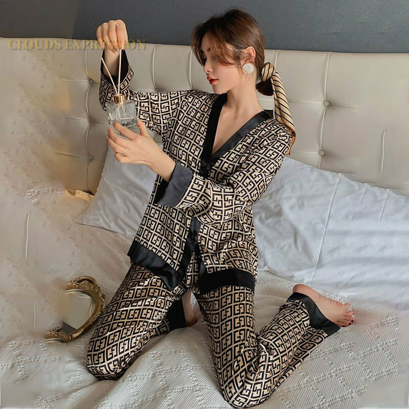 Conjuntos de pijama feminino de seda sintética, pijama feminino fino, poliéster, roupa de casa sexy, casual, luxo, primavera, verão