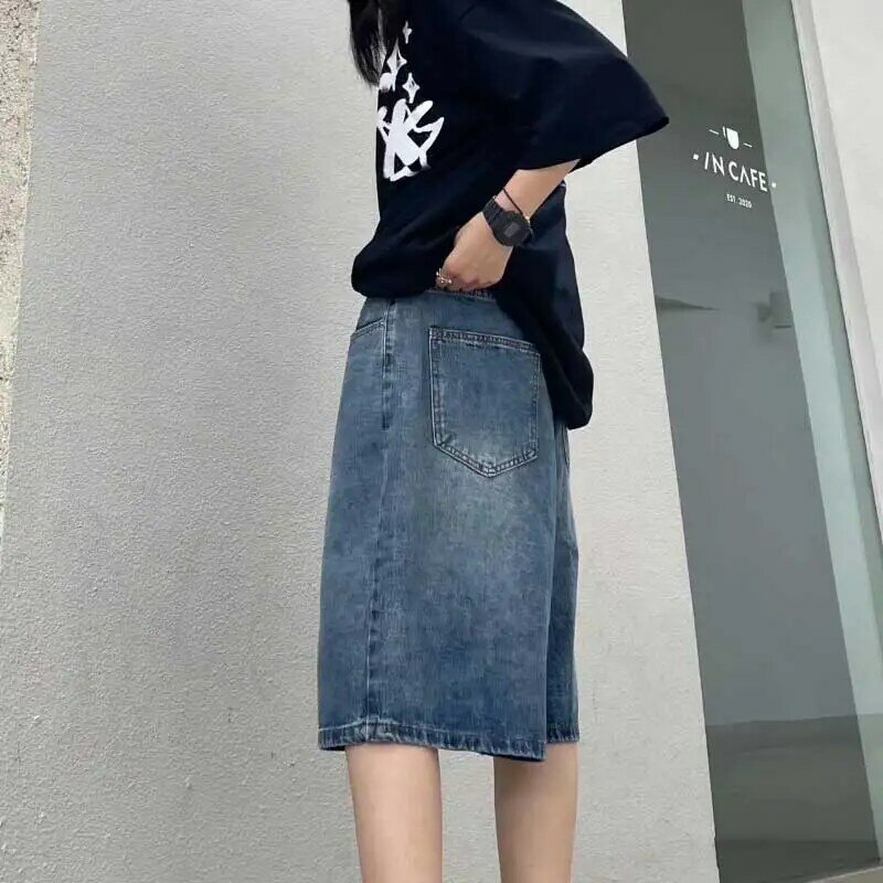 Pantaloncini di Jeans blu retrò High Street donna estate nuovi pantaloni larghi in Denim a gamba larga moda Streetwear Y2k abbigliamento Oversize