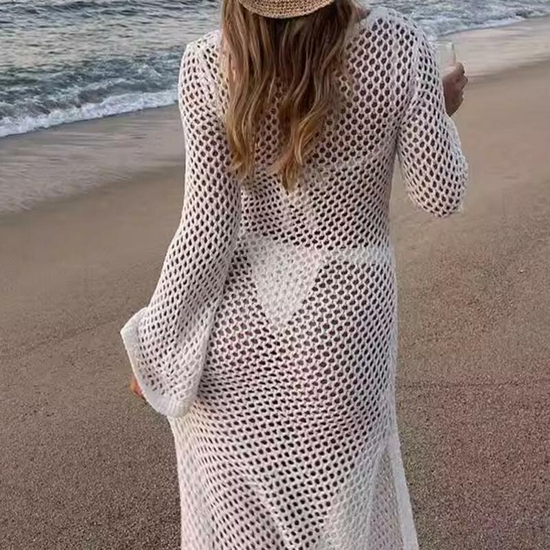 Vestido de capa elegante com mangas compridas para mulheres, moda praia de crochê, encobrimento de biquíni, sexy, verão