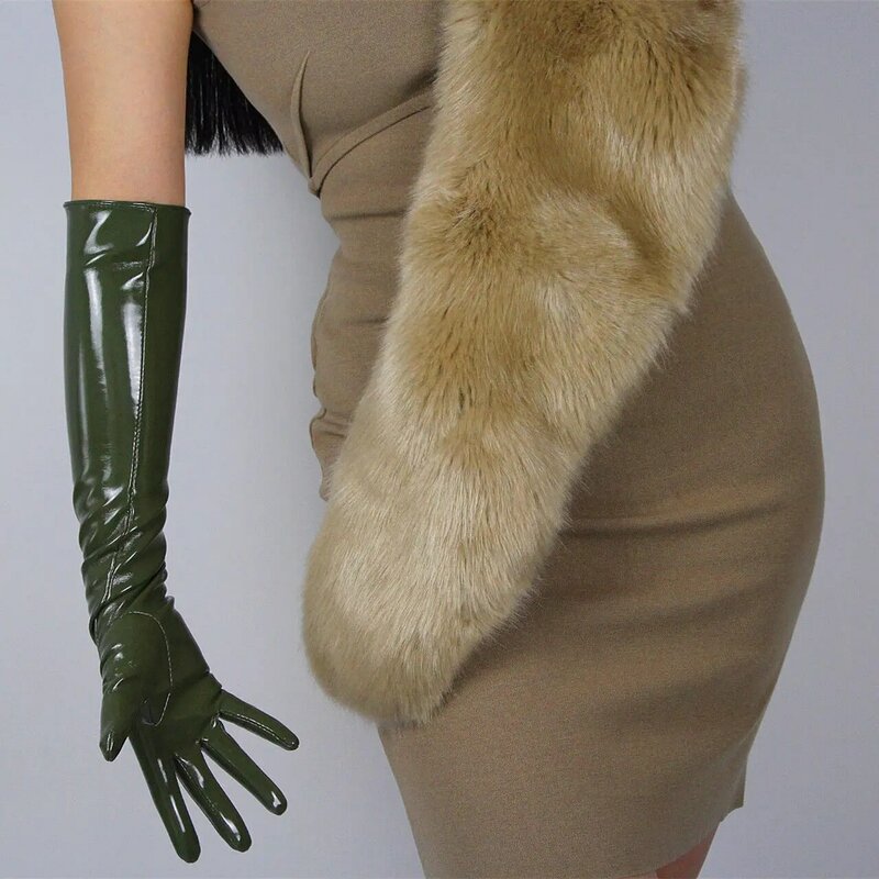 DooWay sarung tangan wanita hijau tentara sarung tangan berkilau lateks imitasi zaitun tampilan basah kulit paten Cosplay malam mode sarung tangan kostum Opera