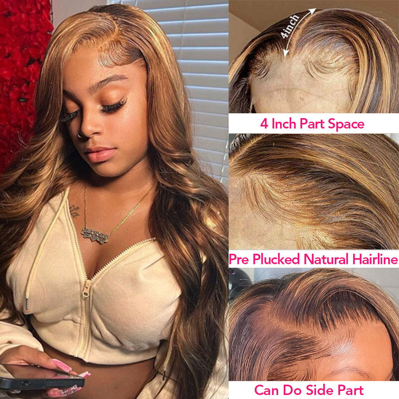 30 32 Inch Highlight Body Wave Wig Human Hair Brazilian Colored Ombre Blonde 13x6 HD Transparent Lace Frontal Wig For Women