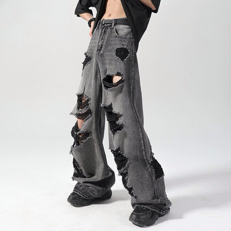 Джинсы хип-хоп с поврежденными дырками Y2k для мужчин и женщин, летние модные свободные брюки с широкими штанинами, прямые штаны в американском стиле Хай-стрит