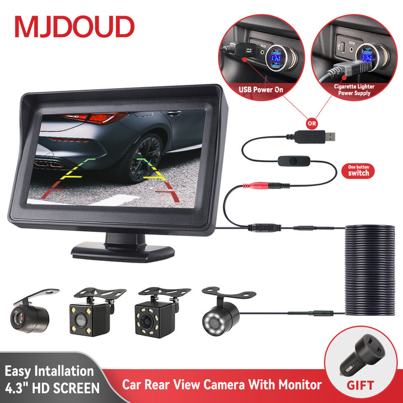 MJDOUD-Câmera de visão traseira do carro com monitor, 4.3 Polegada para estacionamento de veículos, câmera LED HD invertendo, tela LCD, USB, fácil instalação