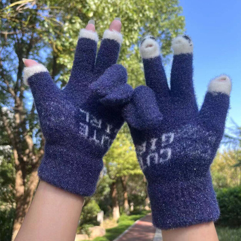 Женские вязаные перчатки с сенсорным экраном, зимние уличные перчатки для верховой езды, работы, офиса, для письма, утолщенные теплые варежки в стиле Харадзюку, Y2K