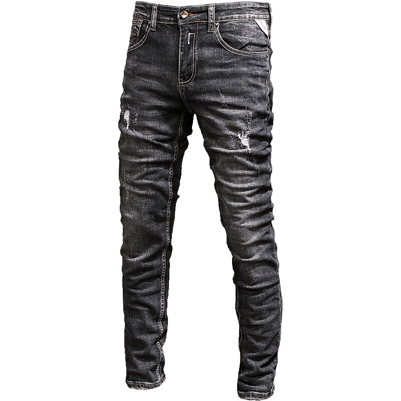 Włoski styl modne dżinsy męskie Retro ciemnoniebieskie elastyczne Slim Fit porwane jeansy męskie Vintage Designer casualowe spodnie jeansowe Hombre