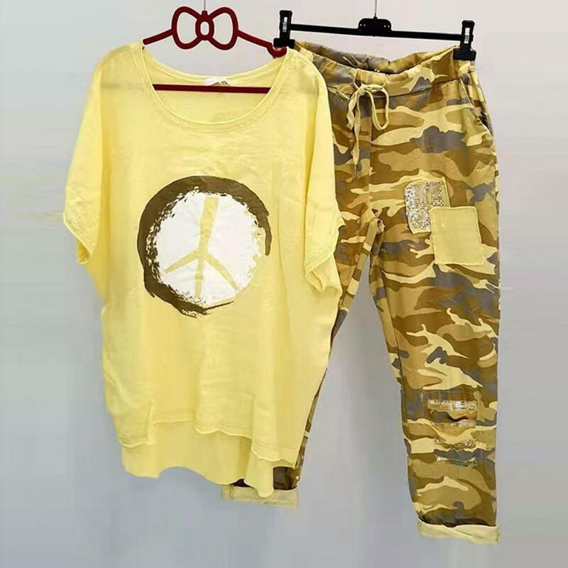 1 zestaw t-shirt spodnie z okrągłym dekoltem dwuczęściowy zestaw asymetrycznych sznurowanych t-shirtów