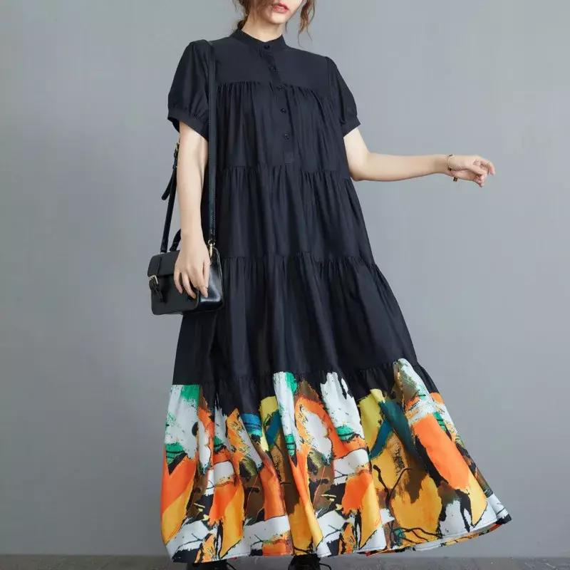 Summer Blue Printed Shirt Dress Women Short Sleeves Stand Collar  Loose Pleated Vintage A-line Dresses Ankle-length