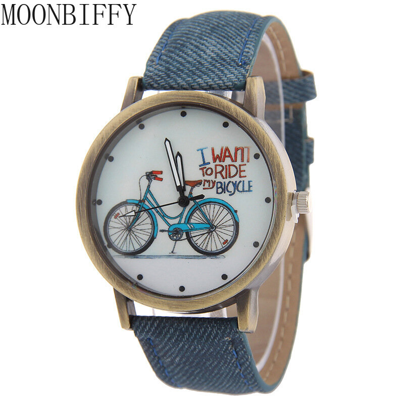 Neue Mode Fahrrad Frauen Uhr Jean Stoff Lederband Kleid Damen Casual Quarz Uhren Relogio Feminino