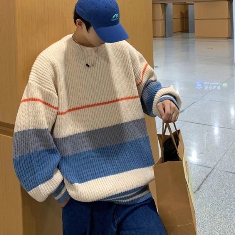 Striped Sweaters Men Fashion Colorful Japanese Style Contrast Color Leisure Cozy Soft Teenagers Versatile Retro Aesthetic Chic