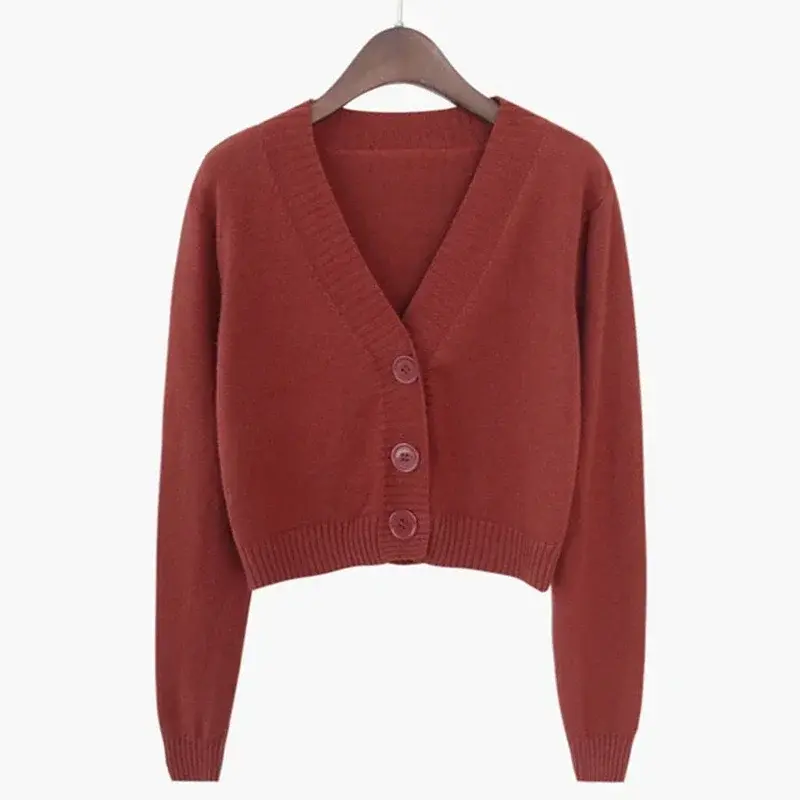 Cardigan de manga comprida com decote em v feminino, jaqueta de botão, casaco de malha, roupa íntima, outono