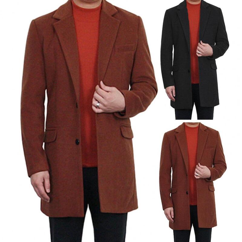 Fall Winter Men Overcoat Formal Lapel Design Turn-down Collar Long Coat Solid Color Single-breasted Pockets Mid Length Suit Coat