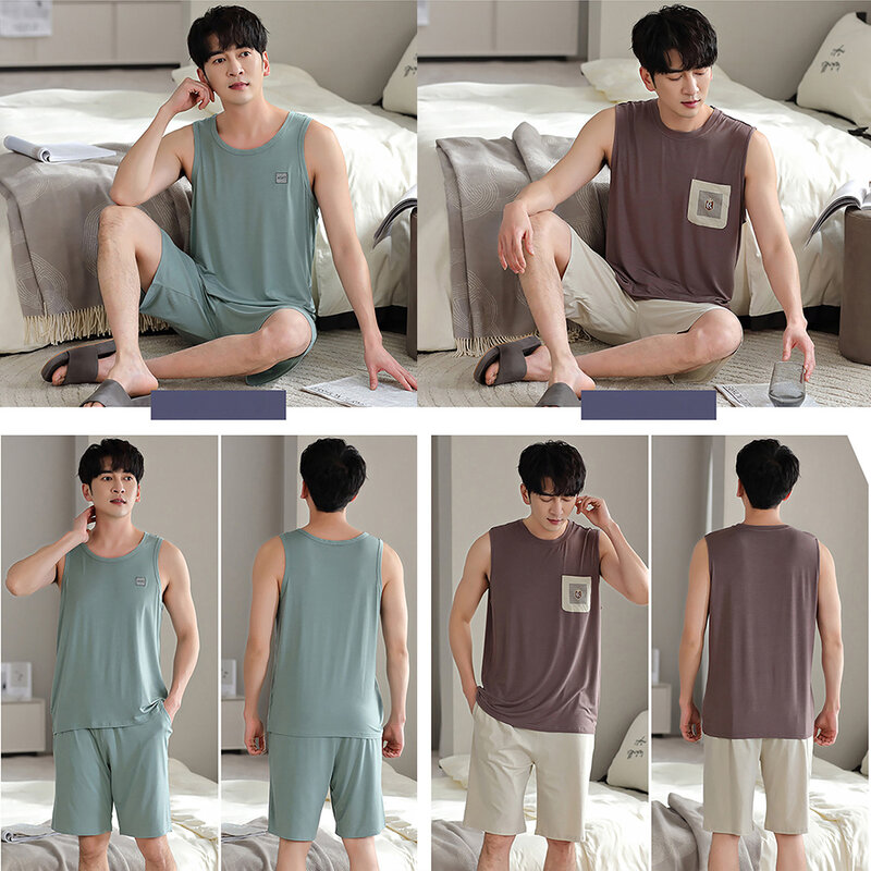 Piyama tipis tanpa lengan pria, baju tidur keren 3XL longgar nyaman ukuran besar musim panas