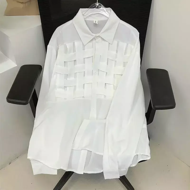 Ebaihui Frauen solide aushöhlen Hemden Revers Langarm lose Taille Mode Patchwork Bluse weibliche schicke lässige Poly Shirt