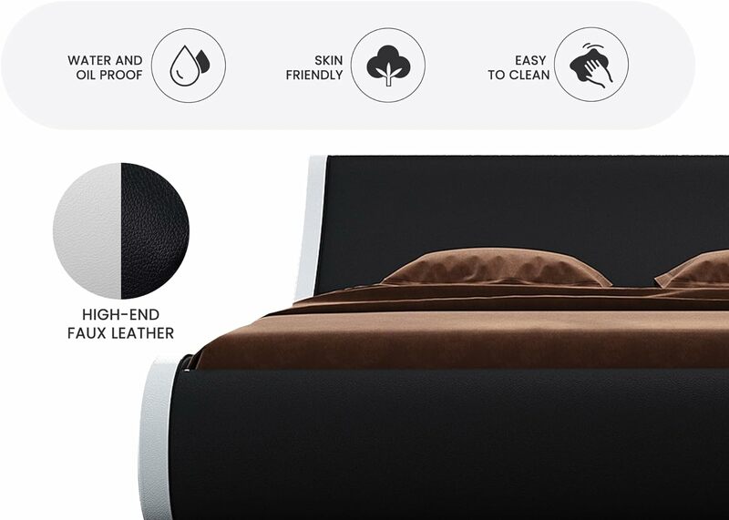 SHA CERLIN nowoczesna niskoprofilowa łóżko z pełnymi bokami rama typu king-size, stylowe tapicerowane łóżko saneczkowe ze sztucznej skóry, ergonomiczne zagłówek,