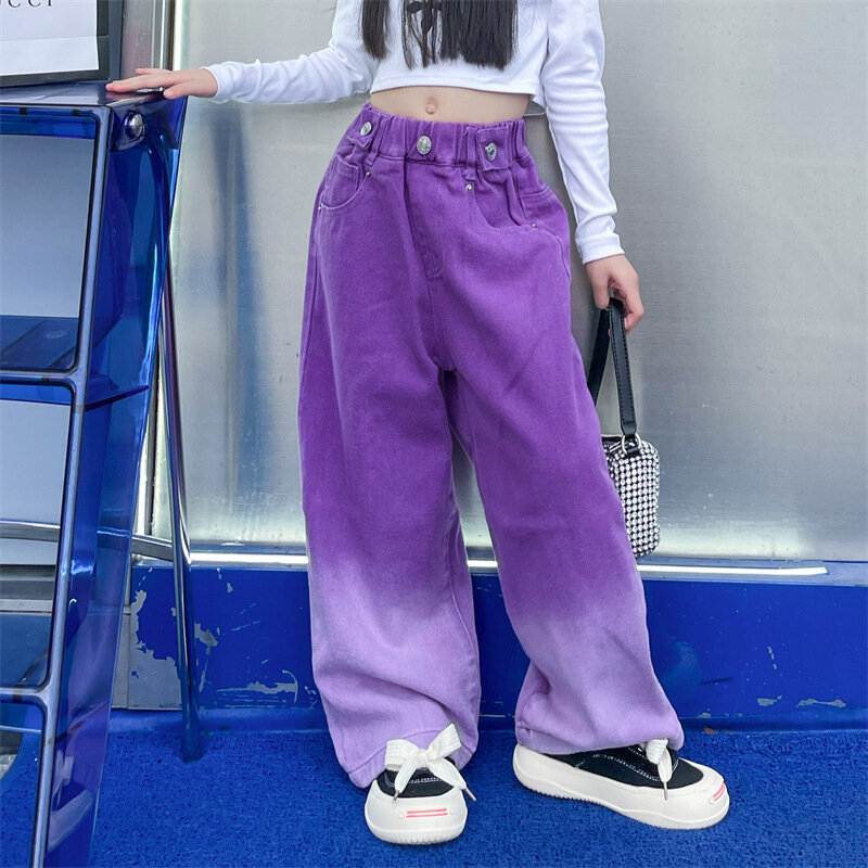 3-14Y Spring Autumn Girls Jeans Teen-agers Fashion Gradient Color Long Style Trousers For Kids Denim Wide Leg Pants