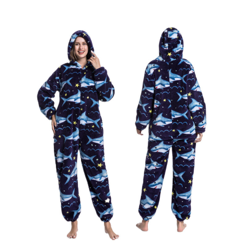 Winter Coral Fleece Jumpsuits Pajamas Set Women Print Cartoon Sleepwear One Piece Pijamas Suit Thickened Flannel Home Clothes