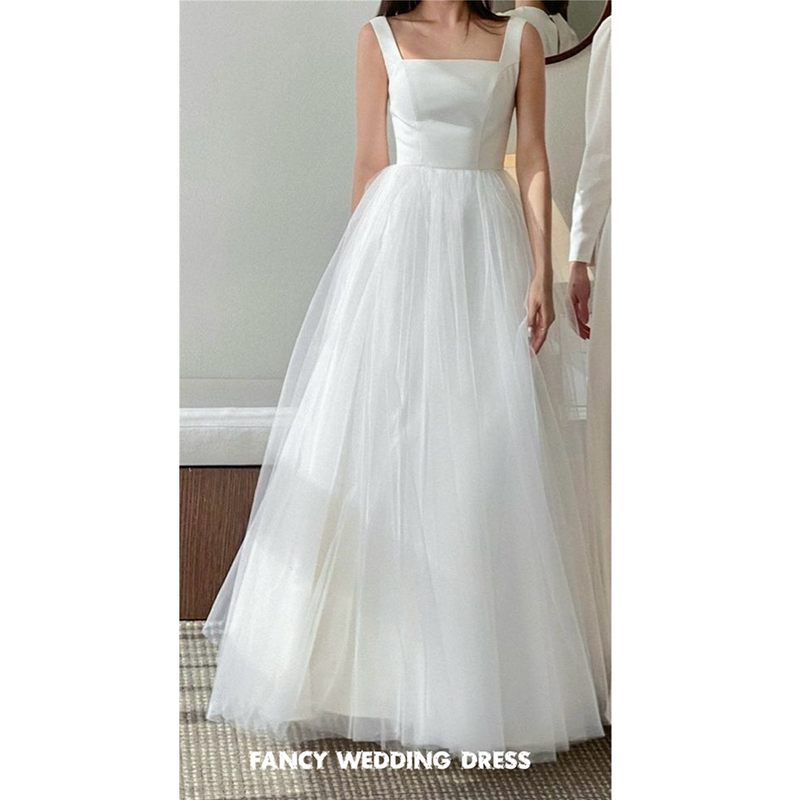 Fancy Simple Korea Square Neck Wedding Dress Sleeveless A Line Soft Tulle Bridal Gown Floor Length vestidos de novia Custom Made