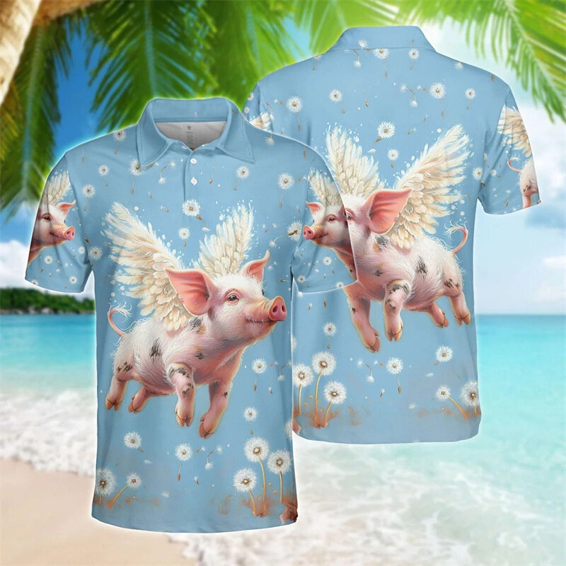 Funny Men Polo 3d Pig Printed Ferocious Beast Men's Clothing Summer Casual Short Sleeve Loose Oversize Shirts Senior Top Polo