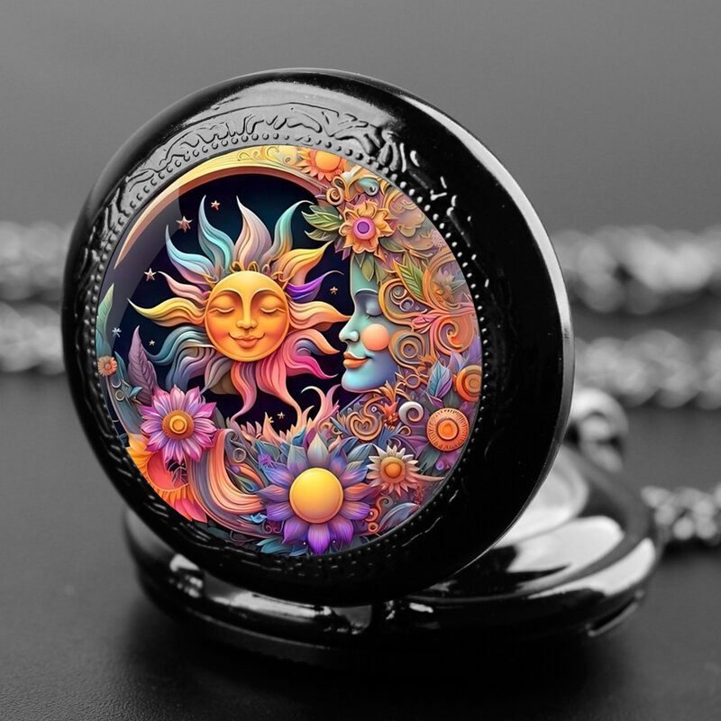 Jam tangan saku Quartz desain Matahari dan Bulan Vintage kreatif untuk wanita jam tangan perempuan liontin unik jam kalung hadiah perhiasan