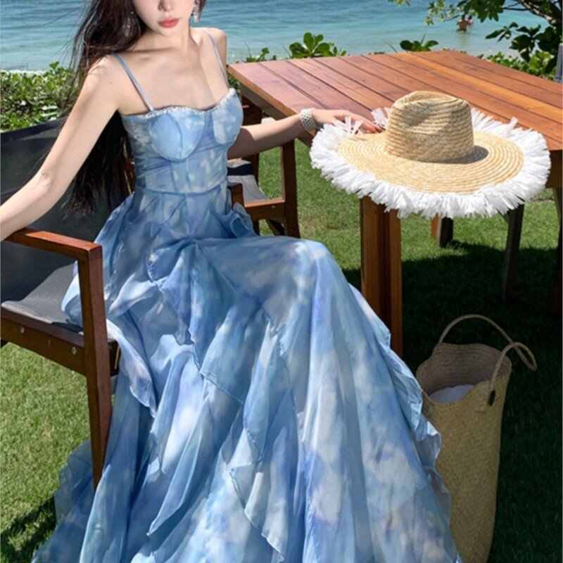 First Love Bandeau Sling Dress Fairy Season Elegant Seaside Vacation Beach Long