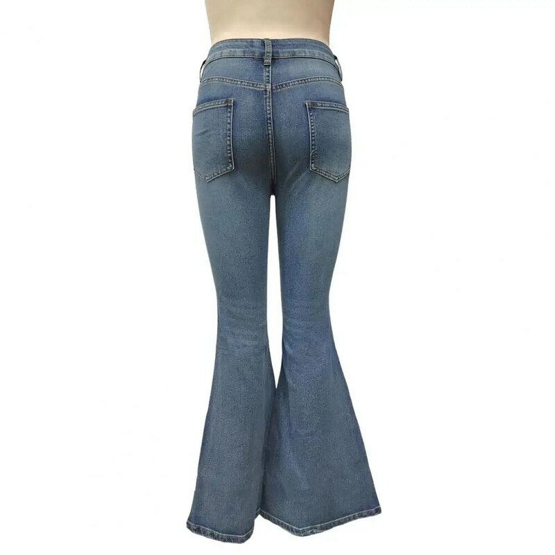 Jeans perna larga para as mulheres, cintura alta queimado jeans com bolsos cor gradiente, slim fit, retro chique