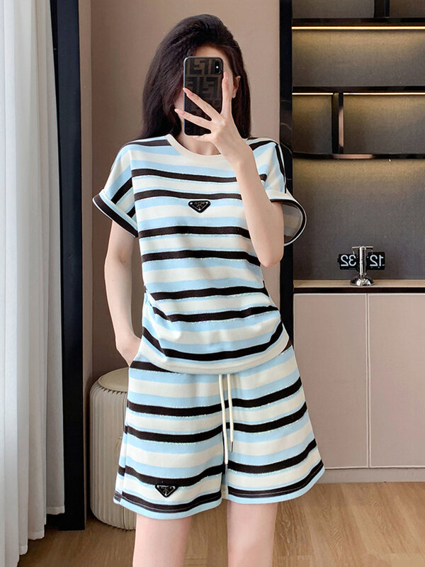 Fashion Striped Shorts Sets for Women Short Sleeves T Shirts and Loose Shorts Two Piece Sets Summer 2024 Casual Tracksuit Suits