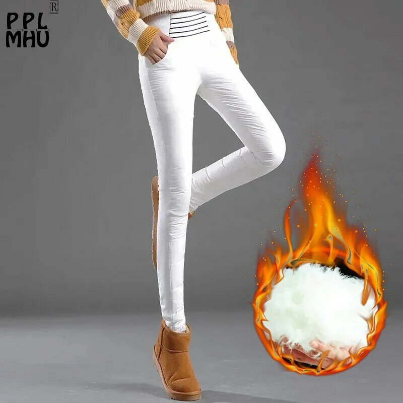 Pantalon skinny taille haute en duvet de canard blanc pour femme, coton chaud, fjoptics, pantalon de neige ultra léger, leggings crayon, hiver, 2023