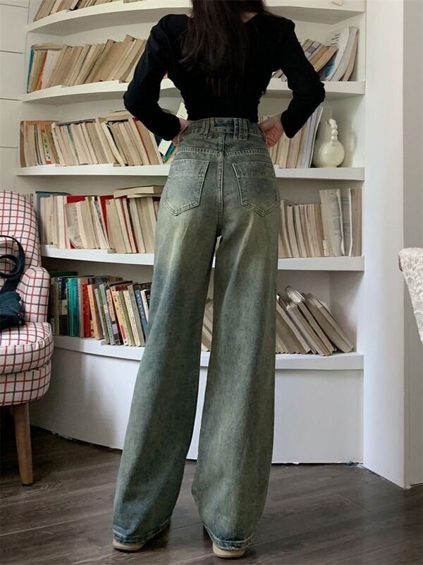 Spodnie jeansowe w stylu Vintage 90S luźne proste damskie Y2K z wysokim stanem luźne dżinsy z szeroką nogawką damskie w stylu Streetwear dopasowane spodnie casualowe nowość