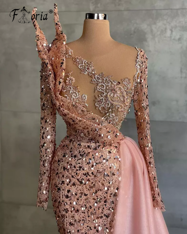 Gaun Malam Putri Duyung Manik-manik Berpayet Berkilau Gaun Acara Panjang Menyapu Arab Dubai Gaun Prom Merah Muda Vestidos Semi untuk Pria