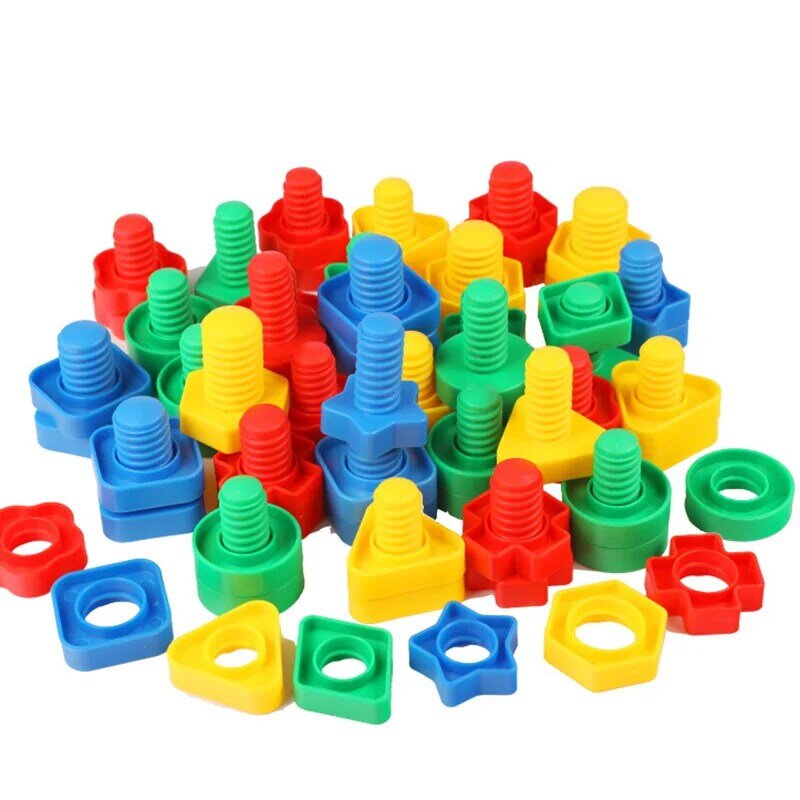 8Set blok bangunan sekrup mainan bentuk kacang blok masukan plastik untuk anak-anak mainan pendidikan skala Montessori hadiah model