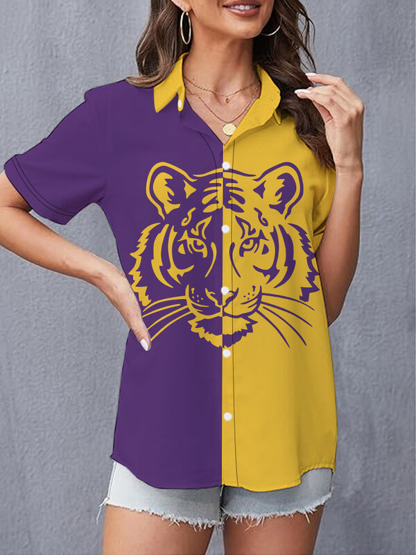 Летняя женская простая Модная рубашка с коротким рукавом, рубашка с 3D Цифровым принтом тигра и животных, популярная уличная рубашка с коротким рукавом