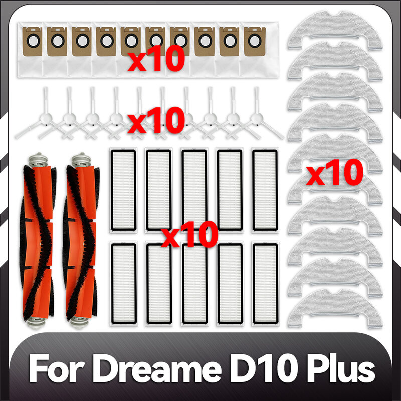 Kompatibel untuk Xiaomi Dreame D10 Plus RLS3D, Z10 Pro, L10 Plus Robot Vacuum Suku cadang pengganti Sikat Filter Hepa Lap Mop Kantong debu