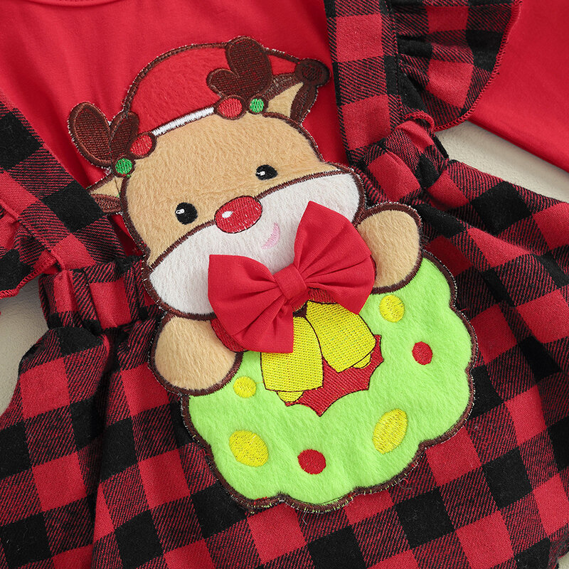 VISgogo-Conjunto de 2 piezas para niñas, traje de Navidad con estampado a cuadros de ciervo, manga con volantes, pelele, vestido, Diadema con lazo, ropa infantil de Navidad