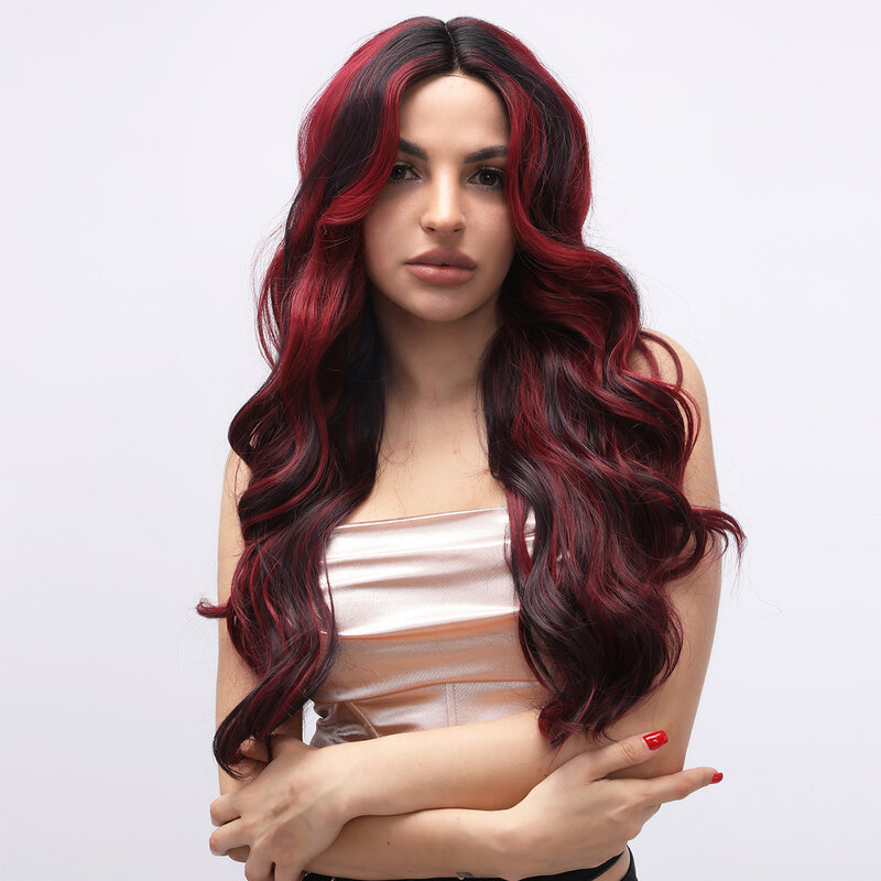 Smilco Red Synthetic Lace Front Curly Wigs For Women Long Wave Invisible Lace Front Preplucked Wig Daily Cosplay Heat Resistant