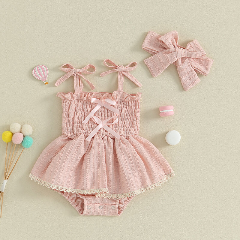 VISgogo 2Pcs Baby Girl pagliaccetto abiti senza maniche fiocco davanti Smocked pagliaccetto vestito con fascia Set neonato estate vestiti carini