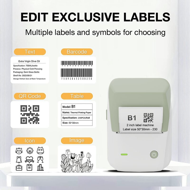 Niimbot B1 Printer Label, Printer termal genggam portabel, kertas stiker kode QR